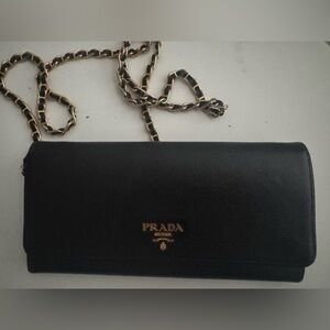 Prada Black Saffiano Leather Wallet with Gold Accents with cross body chain